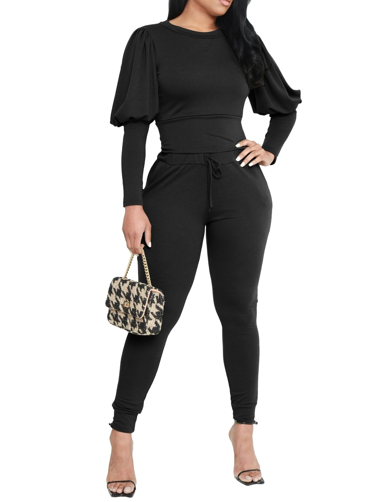 3370 Women's Two-Piece Set with Fluffy Sleeve Top and Jogging Pants, Fashionable Sporty Outfit