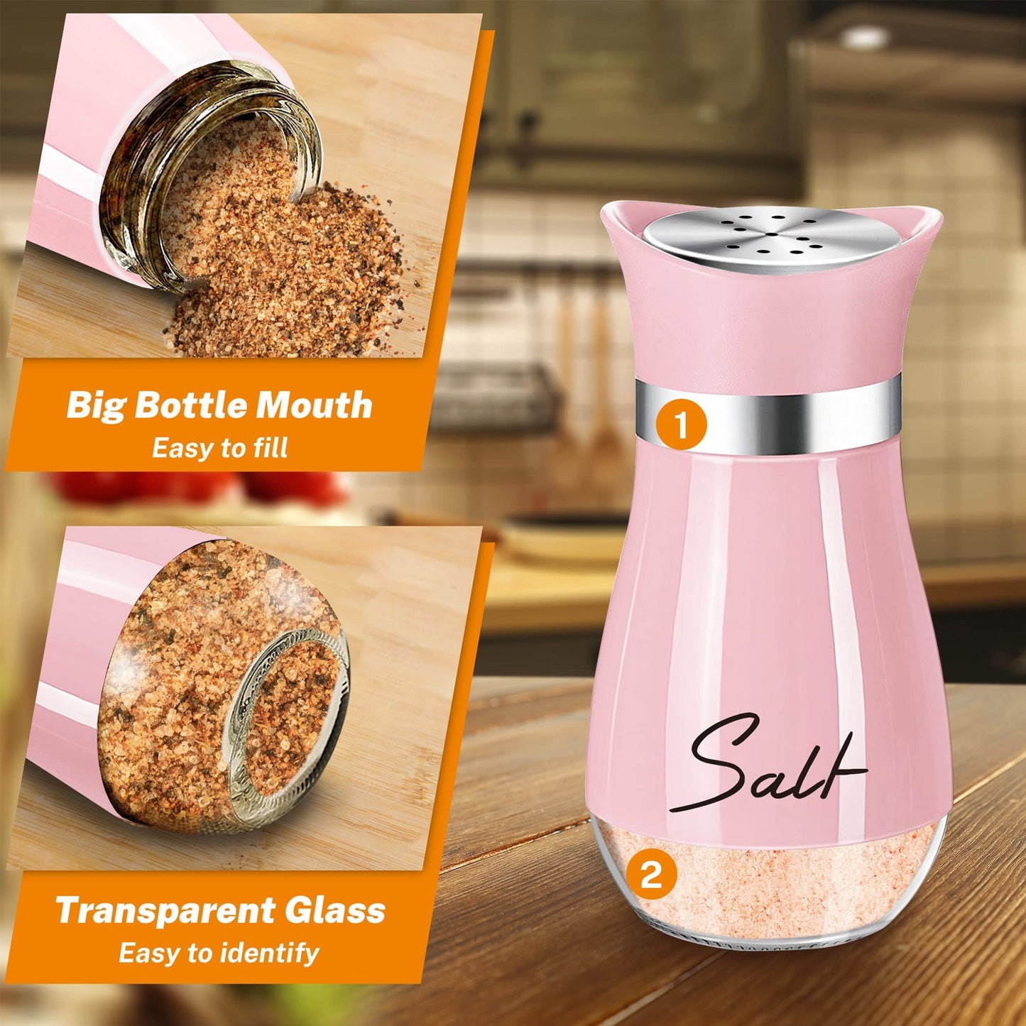 Pink Salt And Pepper Shakers Set With Holder, 4 Oz Kitchen Decor And Accessories Home Essentials Cute Household Items For Mother's Day Housewarming Gift Refillable Design (Pink)