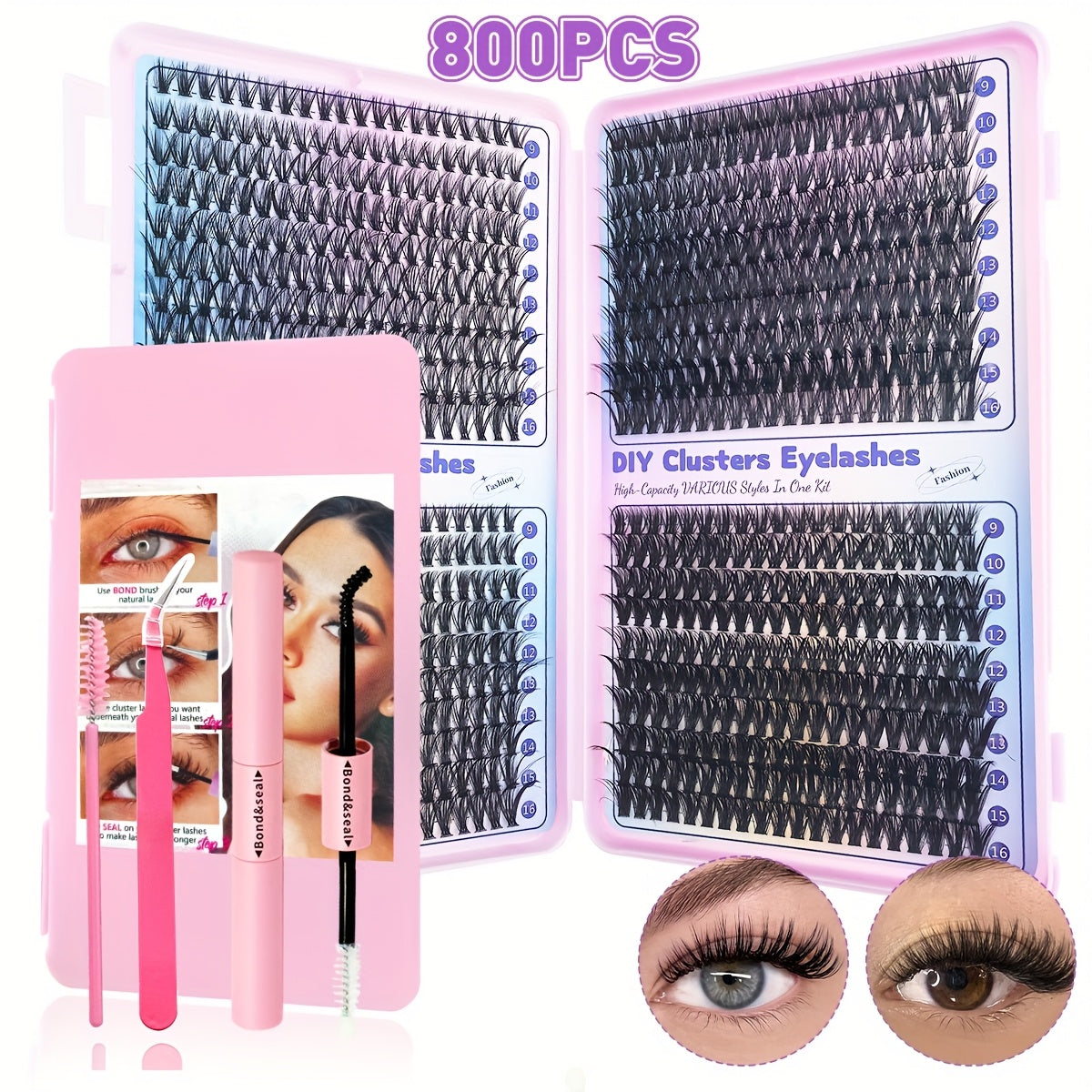 200/800pcs DIY Eyelash Extension Kit Individual Lashes Cluster, 9-16mm Mix 30D 40D 50D 60D with Lash Bond and Tweezers for Beginners, Exquisite gift set Beautiful gift, New Year gift