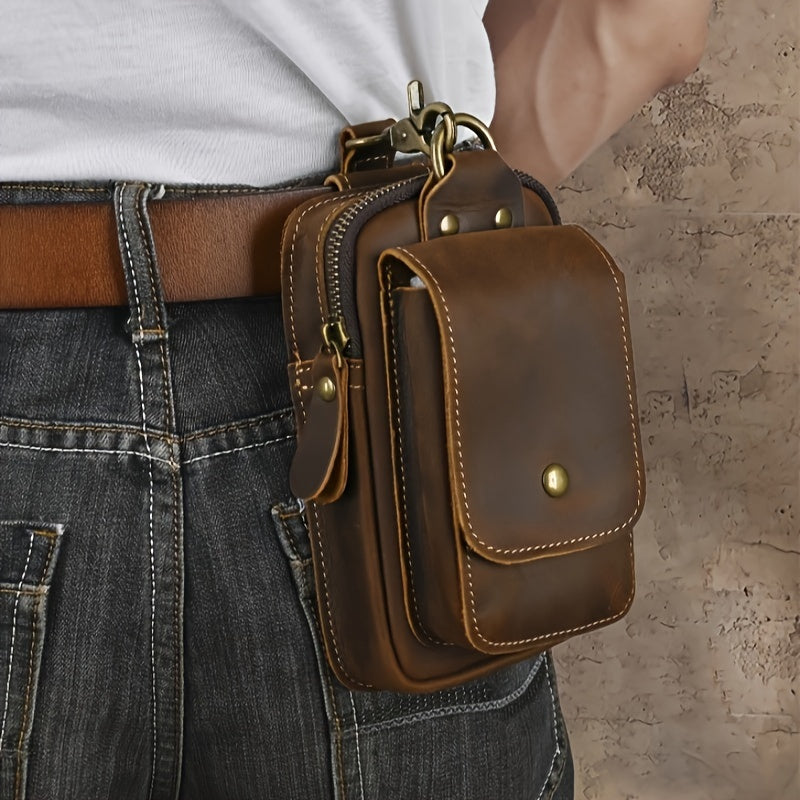 Men's Vintage Crazy Horse Leather Waist Pack, Casual Genuine Top Layer Cowhide Belt Pouch, Daily Commute Multi-Functional 7" Mobile Phone Holder with No Print