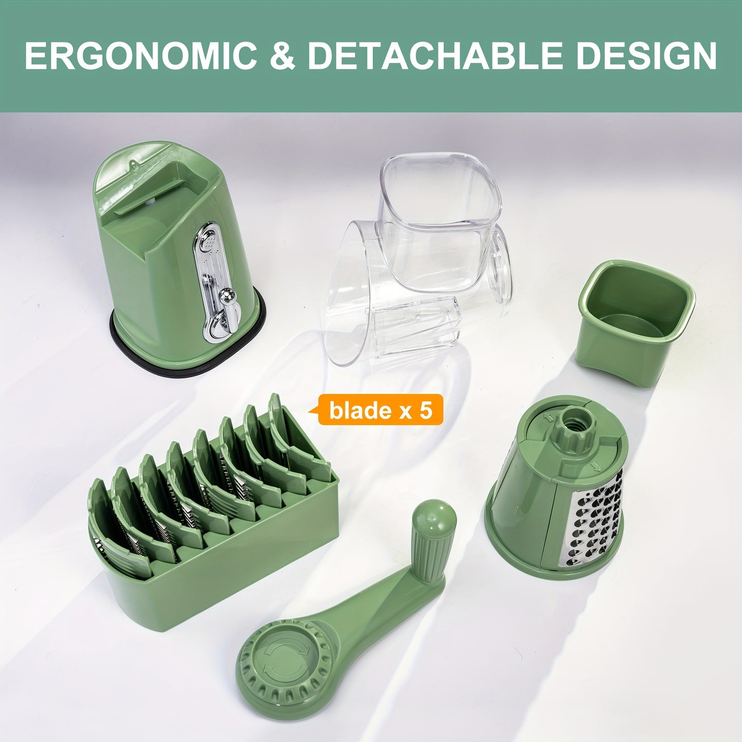 SUSTEAS Rotary Cheese Grater With Handle - Vegetable Shredder With 5 Well-designed Blades & Strong Suction Base, Round Mandoline Slicer & Food Chopper For Kitchen, With Blade Storage Box