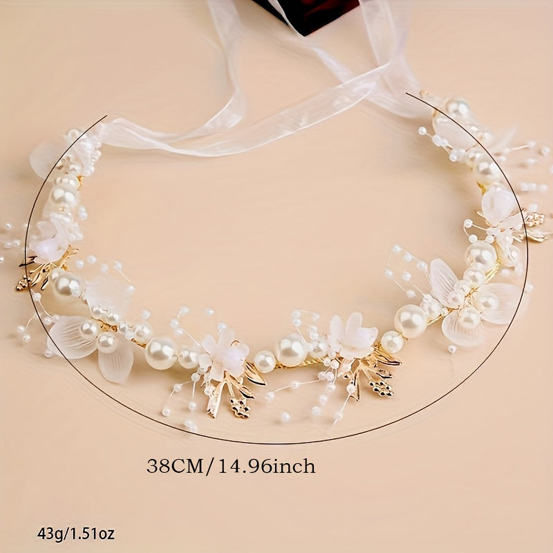 Faux Pearl Flower Beaded Headband Exquisite Flower Ring Wedding Bridal Headpiece Tulle Bandage Hair Accessories