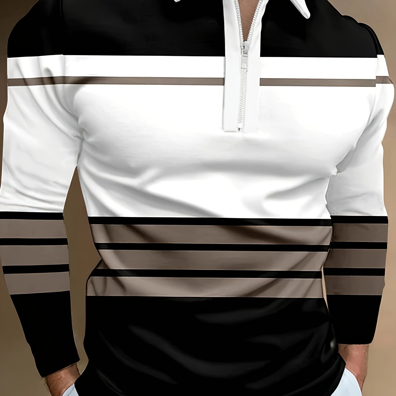 Men's Long Sleeved Zipper Collar Shirt Striped Fashion Spring And Autumn Polo Shirt Collar