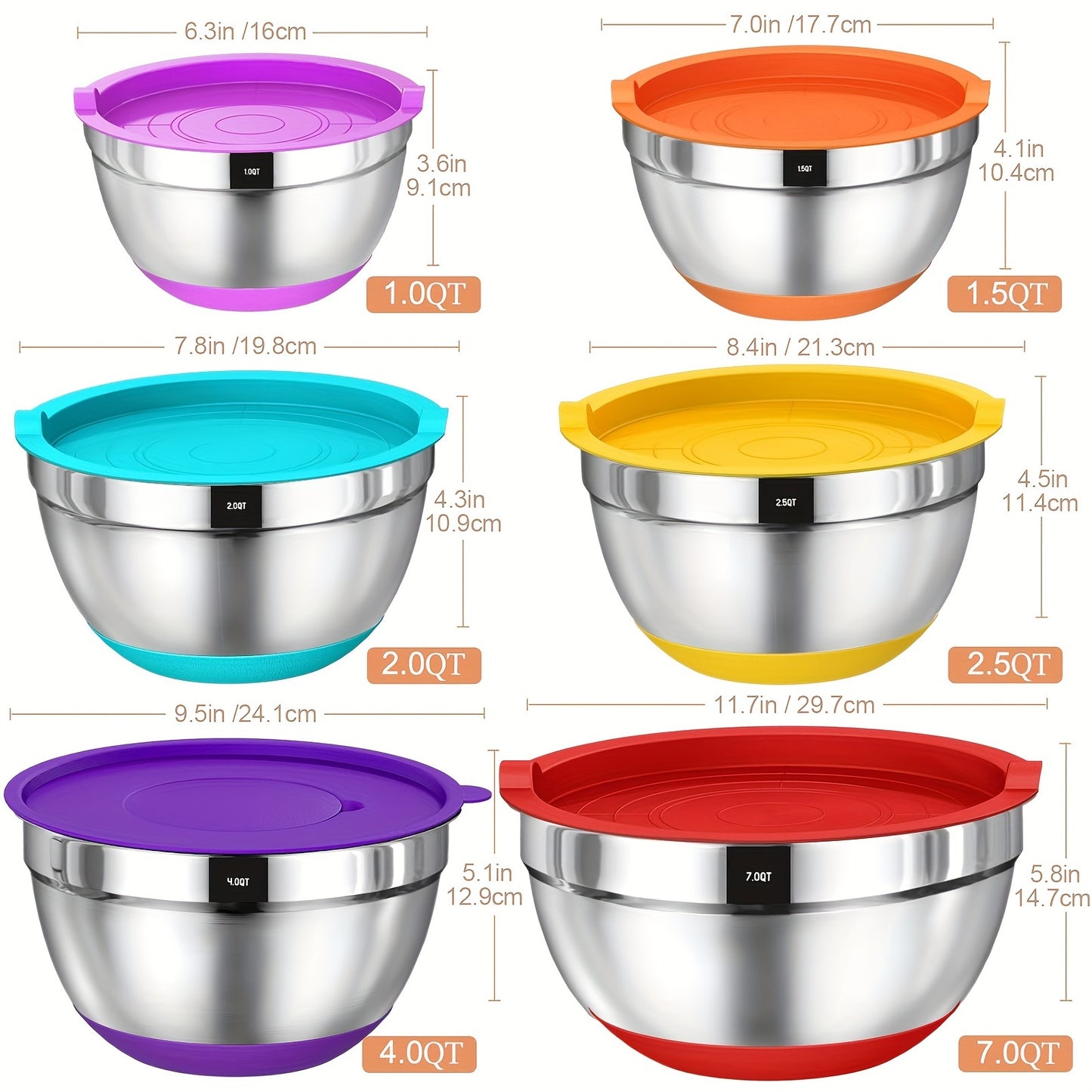 Mixing Bowls with Airtight Lids, 26pcs Stainless Steel Bowls Set 6 bowls & Lids + 20 kitchen tools, 3 Grater Attachments & Black Non-Slip Bottoms Size 7, 4, 2.5, 2.0, 1.5, 1QT, Great for Mixing & Serving