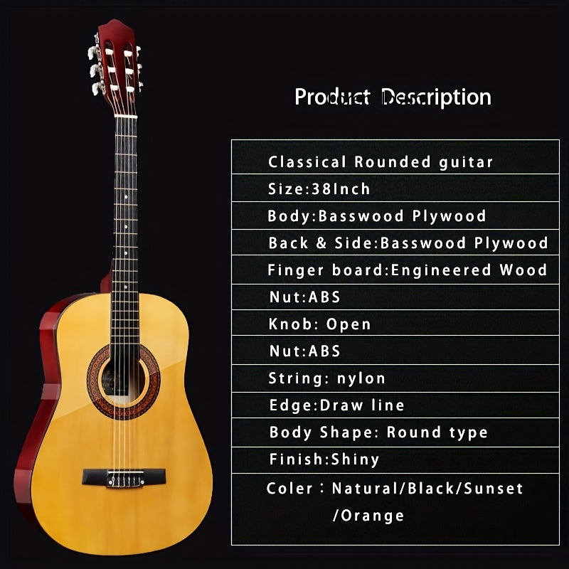 38-Inch Acoustic Classical Guitar Set with Polished Finish - Ideal for Beginners, Includes Case, Strap, Tuning Clip, Cleaning Cloth, Strings & Picks - Available in Orange/Black
