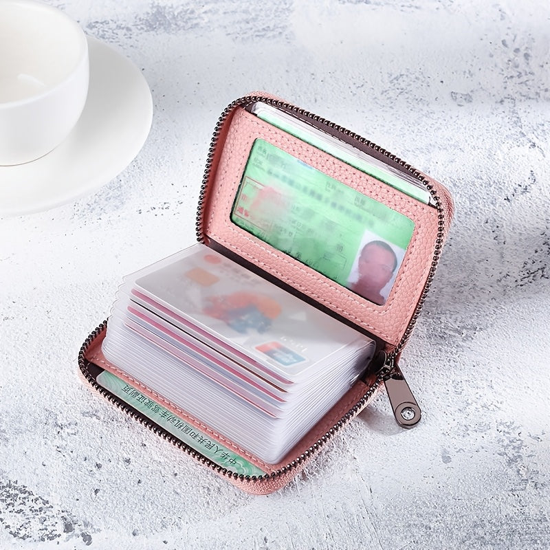 1pc, Stylish Large Capacity Multi-Slot Card Holder – Unisex Synthetic Leather Wallet with Detachable ID Window, Anti-Theft Zipper Closure, Compact Design in Black, Blue, Pink, Purple & More, Perfect Gift for Professionals,