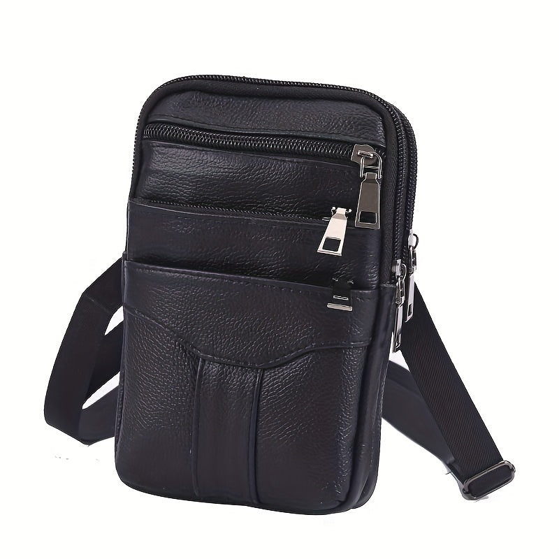 Men's Genuine Leather Crossbody Phone Holster - Brown Waist Pack with Multiple Zipped Pockets, Adjustable Strap & Headphone Hole for Casual Outings