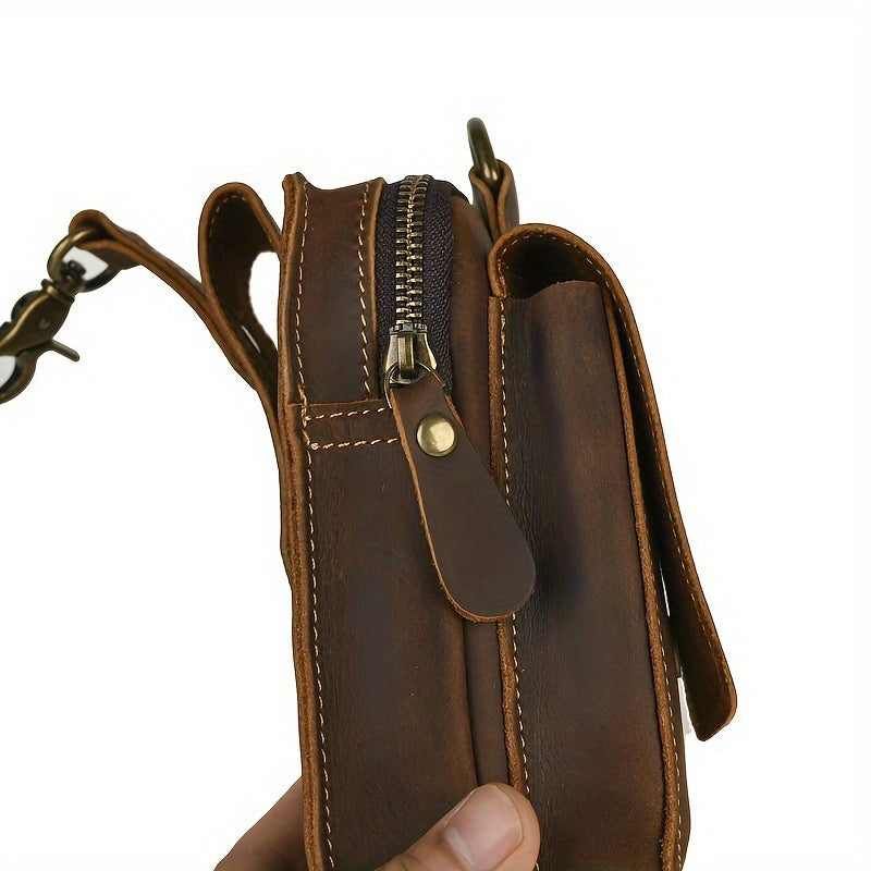 Men's Vintage Crazy Horse Leather Waist Pack, Casual Genuine Top Layer Cowhide Belt Pouch, Daily Commute Multi-Functional 7" Mobile Phone Holder with No Print