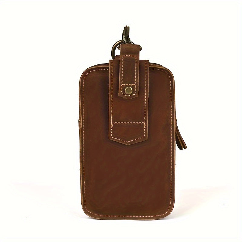 Men's Vintage Crazy Horse Leather Waist Pack, Casual Genuine Top Layer Cowhide Belt Pouch, Daily Commute Multi-Functional 7" Mobile Phone Holder with No Print