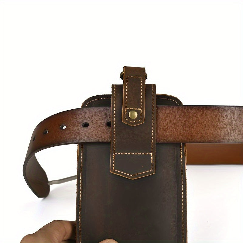 Men's Vintage Crazy Horse Leather Waist Pack, Casual Genuine Top Layer Cowhide Belt Pouch, Daily Commute Multi-Functional 7" Mobile Phone Holder with No Print