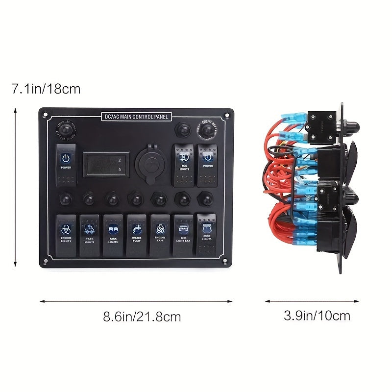 10-Gang Marine Rocker Switch Panel, DC/AC Control Panel with Voltage/Ampere Meter, Fuse Circuit Breaker, 12V 24V Automotive Boat Truck RV Switch Panel, Aluminum Alloy, with Hard Wiring for Marine Use