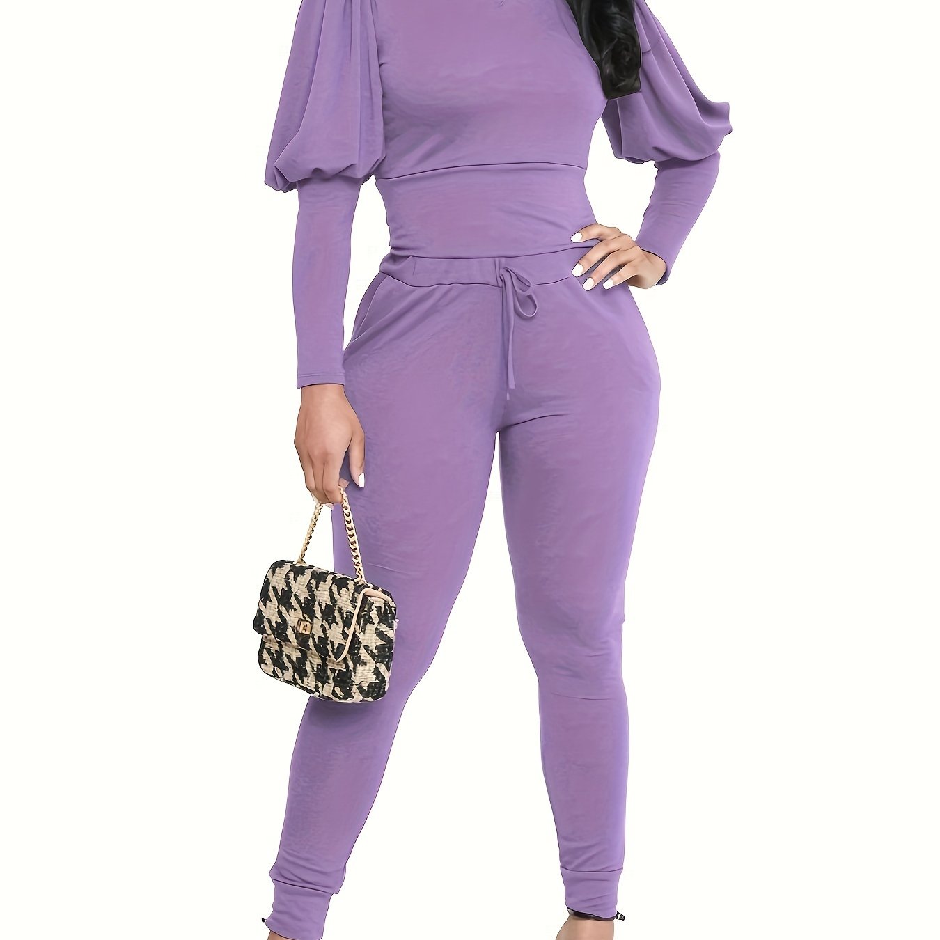 3370 Women's Two-Piece Set with Fluffy Sleeve Top and Jogging Pants, Fashionable Sporty Outfit