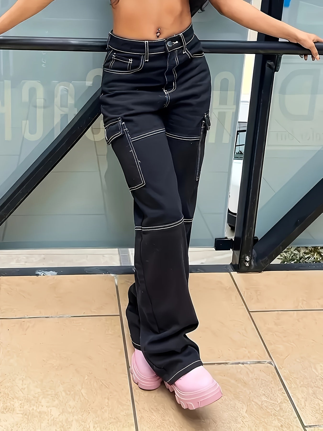 Women's Casual Jeans With Flap Pockets, Contrast Stitching High-Waist Streetwear Cargo Denim Pants For Fall