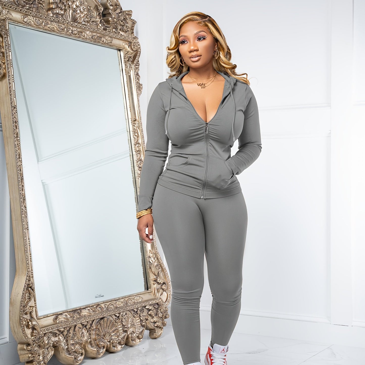 Women Two Piece Outfits Workout Sets Bodycon Tracksuit Long Sleeve Zip Up Hoodie Jacket Jogger Matching Sweat Pants Set