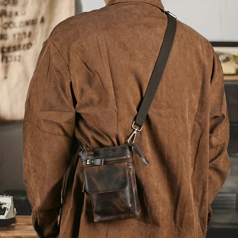 Genuine Leather Crossbody Bag, Casual Retro Style, Multi-Functional Outdoor Purse with 7-inch Mobile Phone Pocket, Hook Wear Belt, Uncharged - Ideal for Going Out