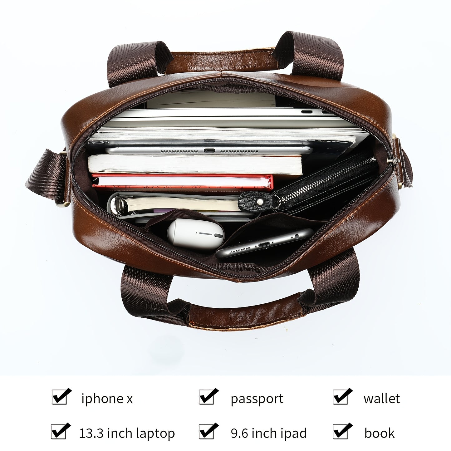 Men's Genuine Leather Messenger Bag - Adjustable Crossbody & Shoulder Handbag for Travel, Work, and Business - Brown, Large Capacity with Multiple Compartments, Durable Cowhide Leather, Smooth Zippers, Detachable Strap, Carry