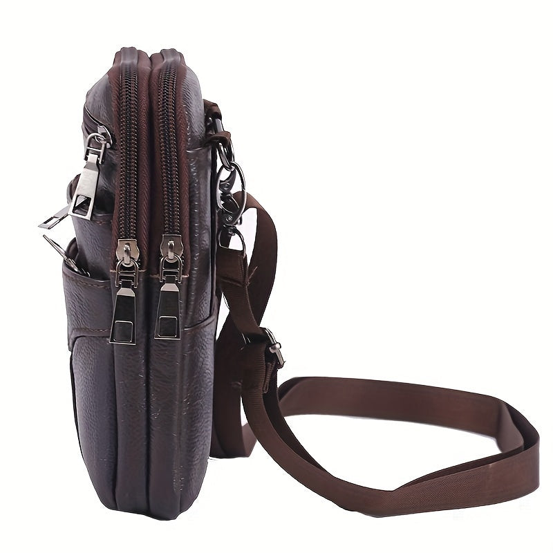 Men's Genuine Leather Crossbody Phone Holster - Brown Waist Pack with Multiple Zipped Pockets, Adjustable Strap & Headphone Hole for Casual Outings
