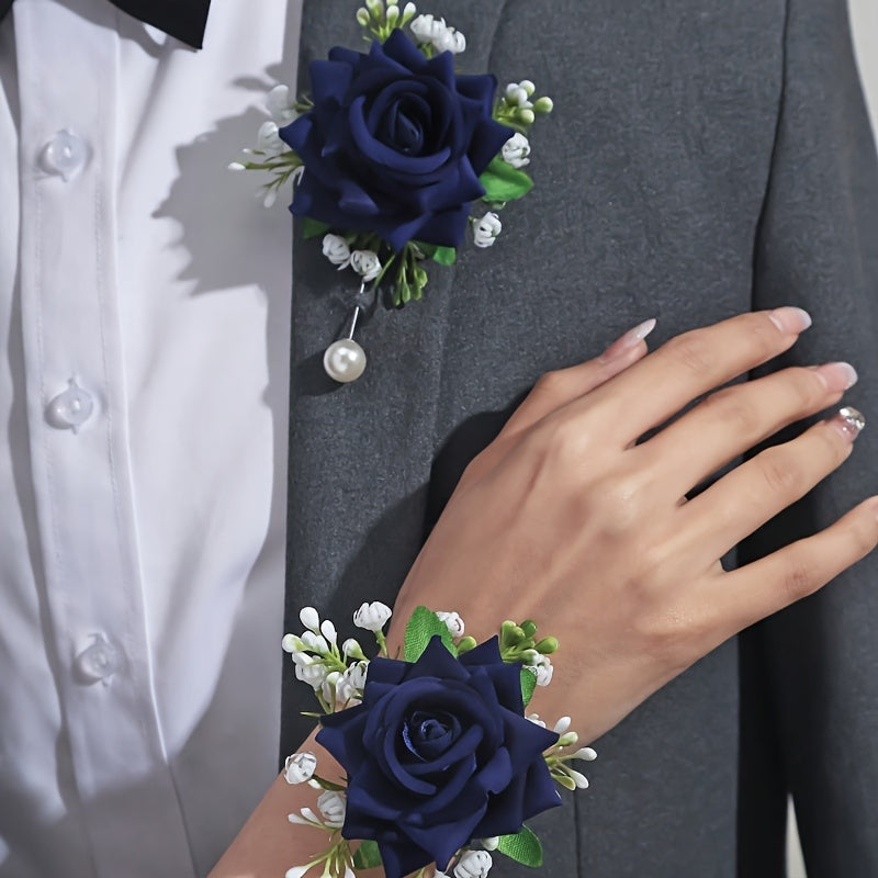 2pcs Elegant Rose Corsage and Wrist Flower Set in Polyester Fiber for School Events, Parties, Weddings Decorations