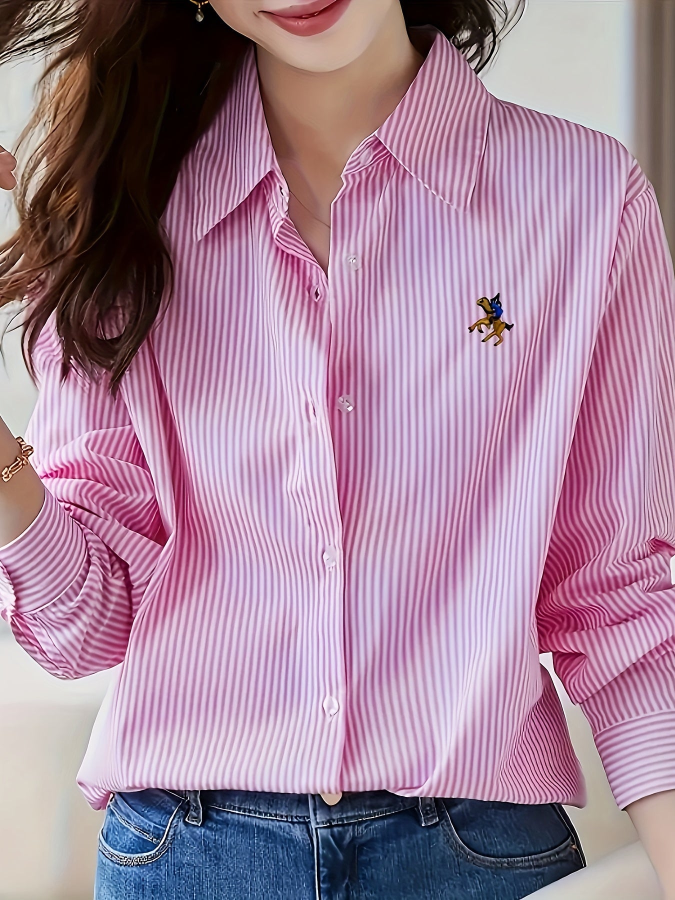Women'S Casual Striped Polyester Blouse - 100% Polyester Long Sleeve Shirt with Lapel Collar, Button Details, Woven Fabric, Spring/Fall Collection