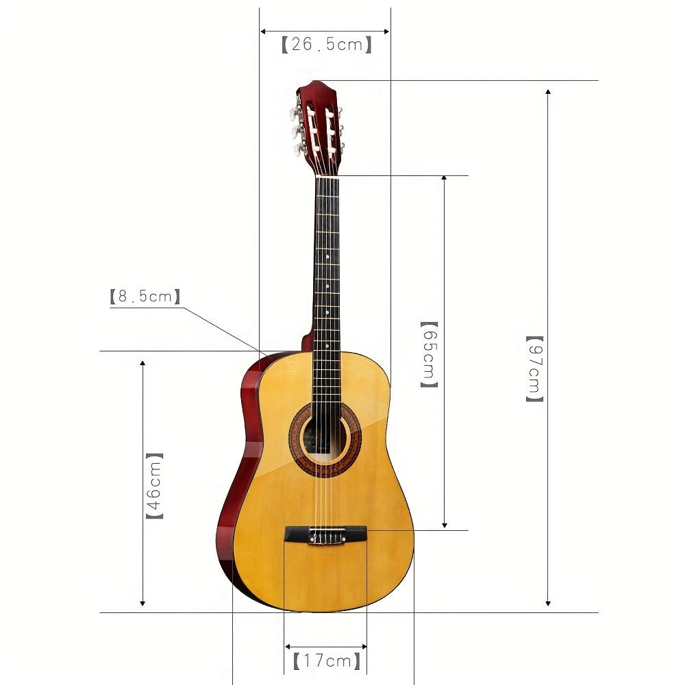 38-Inch Acoustic Classical Guitar Set with Polished Finish - Ideal for Beginners, Includes Case, Strap, Tuning Clip, Cleaning Cloth, Strings & Picks - Available in Orange/Black