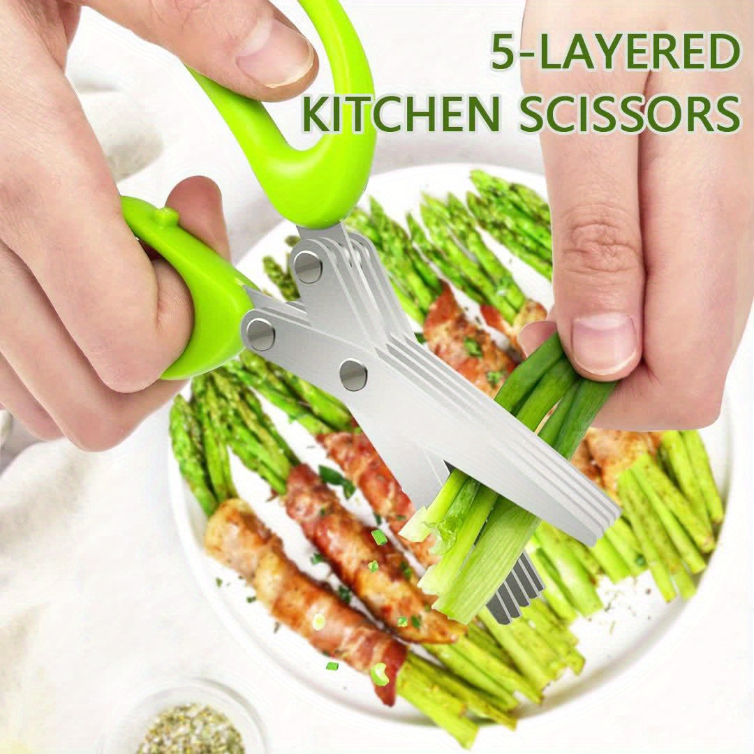 1/2pcs 5-Layered Stainless Steel Kitchen Scissors - Versatile Onion & Herb Shredder for BBQ & Indoor Use - Durable, Safe with Protective Cover & Built-in Cleaner