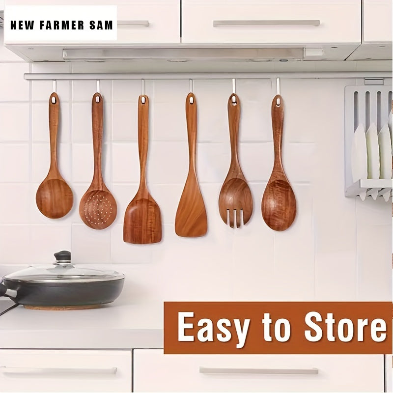 Wooden Spoons for Cooking Wooden Utensils for Cooking Set with Hold Spoon Rest and Hooks Teak Wood Nonstick Kitchen Cookware Durable Set of 8pcs