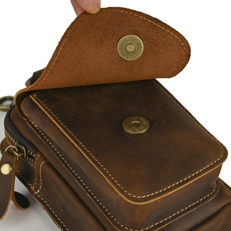 Men's Vintage Crazy Horse Leather Waist Pack, Casual Genuine Top Layer Cowhide Belt Pouch, Daily Commute Multi-Functional 7" Mobile Phone Holder with No Print