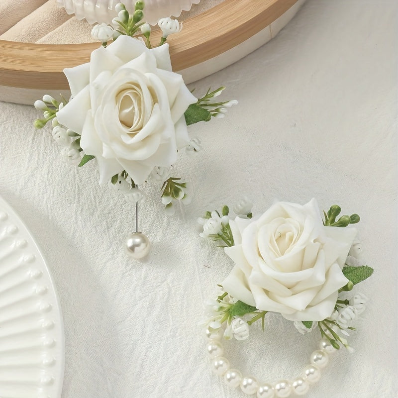 2pcs Elegant Rose Corsage and Wrist Flower Set in Polyester Fiber for School Events, Parties, Weddings Decorations