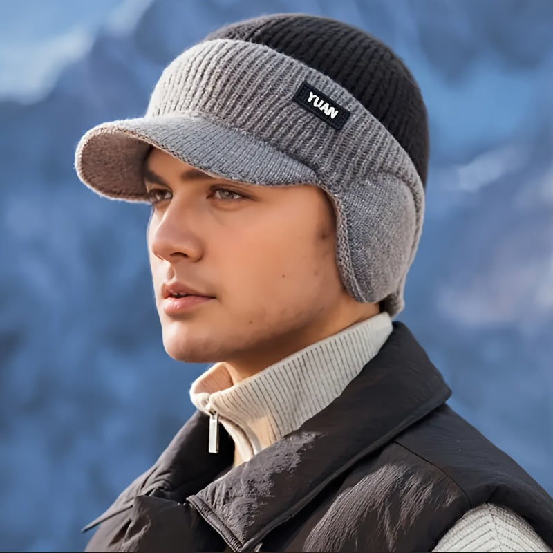 1pc YUAN Brand Men'S Winter Earflap Beanie Hat - 100% Acrylic Knit Warm Cycling Cap with Slight Stretch, Street Style Outdoor Riding Colorblock Hat