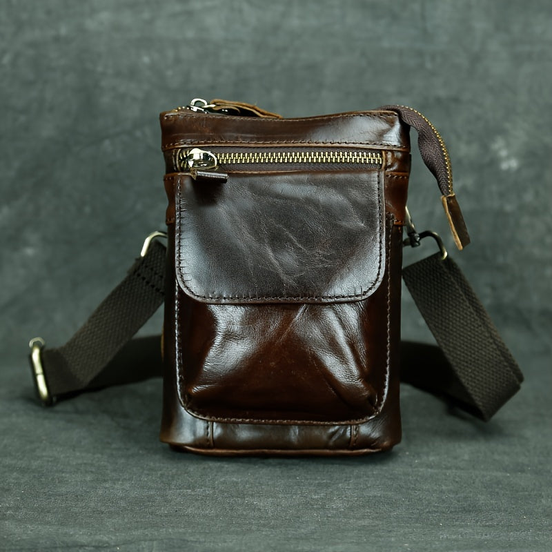 Genuine Leather Crossbody Bag, Casual Retro Style, Multi-Functional Outdoor Purse with 7-inch Mobile Phone Pocket, Hook Wear Belt, Uncharged - Ideal for Going Out