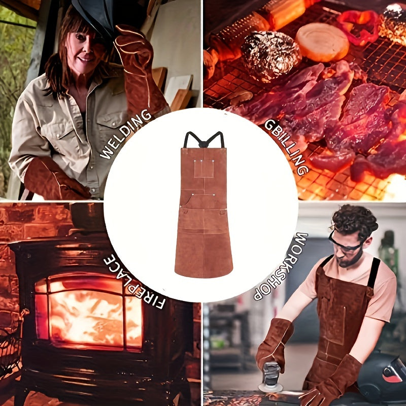 Leather Welding Work Shop Apron With 6 Pockets Heat Flame Resistant Cowhide Welder Apron Heavy Duty Blacksmith Aprons Adjustable For Welders Men Women
