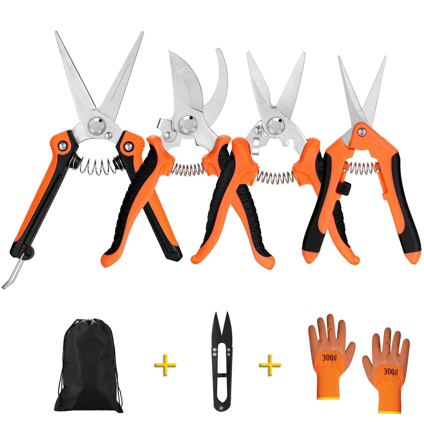5 Packs, Garden Pruning Shears Stainless Steel Blades, Handheld Scissors Set With Gardening Gloves, Heavy Duty Garden Bypass Pruning Shears, Tree Trimmers Secateurs, Hand Pruner (Orange), Soft Cushion Grip Handle Clippers For