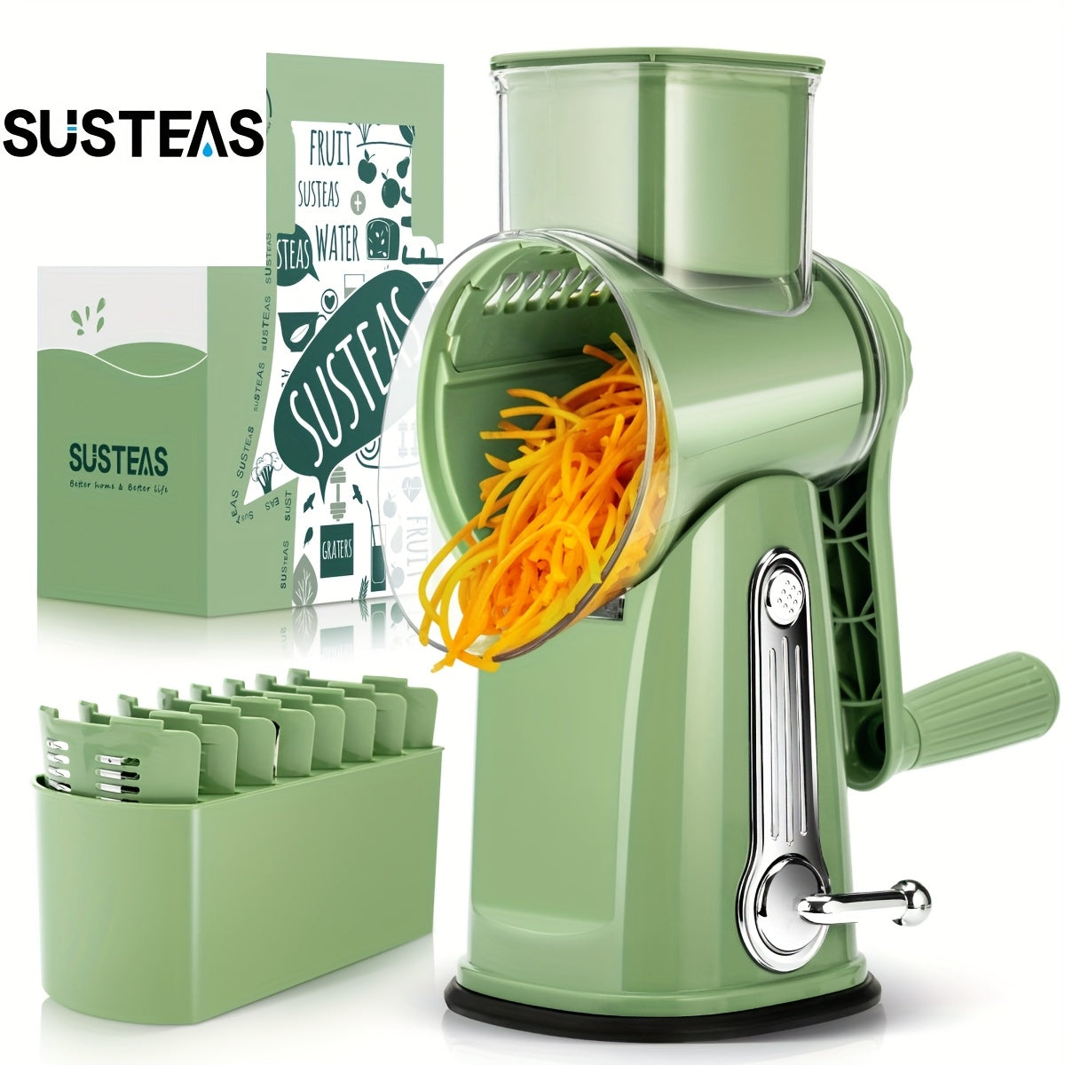 SUSTEAS Rotary Cheese Grater With Handle - Vegetable Shredder With 5 Well-designed Blades & Strong Suction Base, Round Mandoline Slicer & Food Chopper For Kitchen, With Blade Storage Box