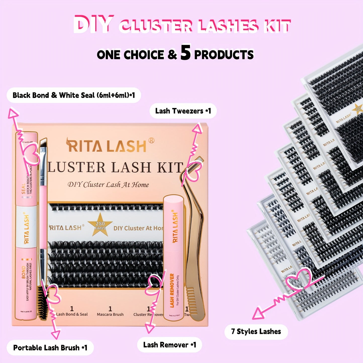 RITALASH DIY Lash Extension Kit, 280 Pcs Lash Clusters With Lash Bond And Seal, Mascara Brush Cluster Lash Glue Remover, Lash Applicator