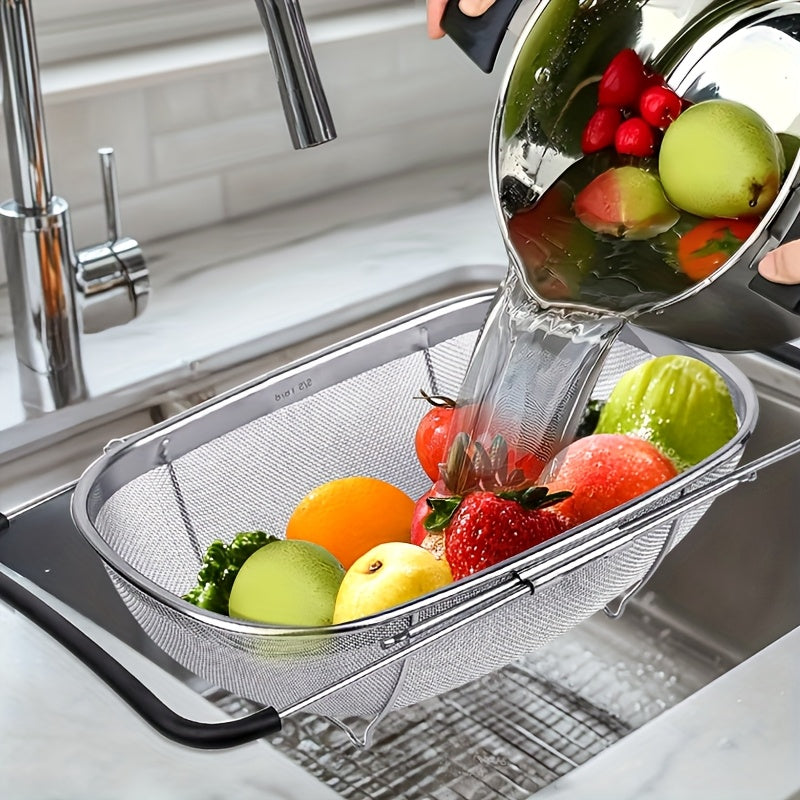 Expandable Stainless Steel Filter with Fine Mesh And Drain Basket - Suitable for Vegetables And Fruits, Kitchen Essentials, Food Safety, Filtered Vegetables