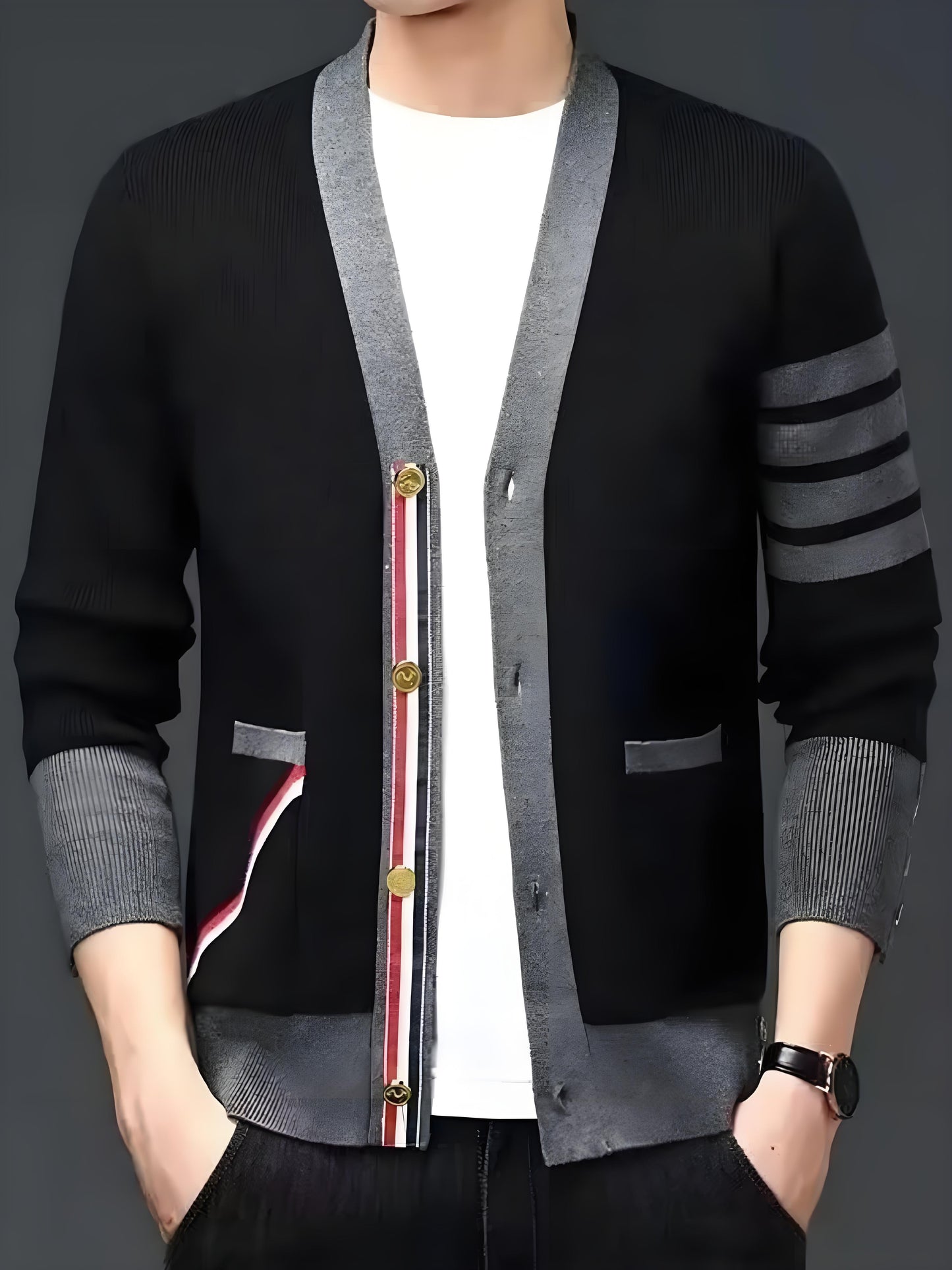 Men's New Stylish Cardigan Sweater. Autumn Patchwork Color, With A Sense Of High Class And Trendy. Loose Fit Knitted Jacket.