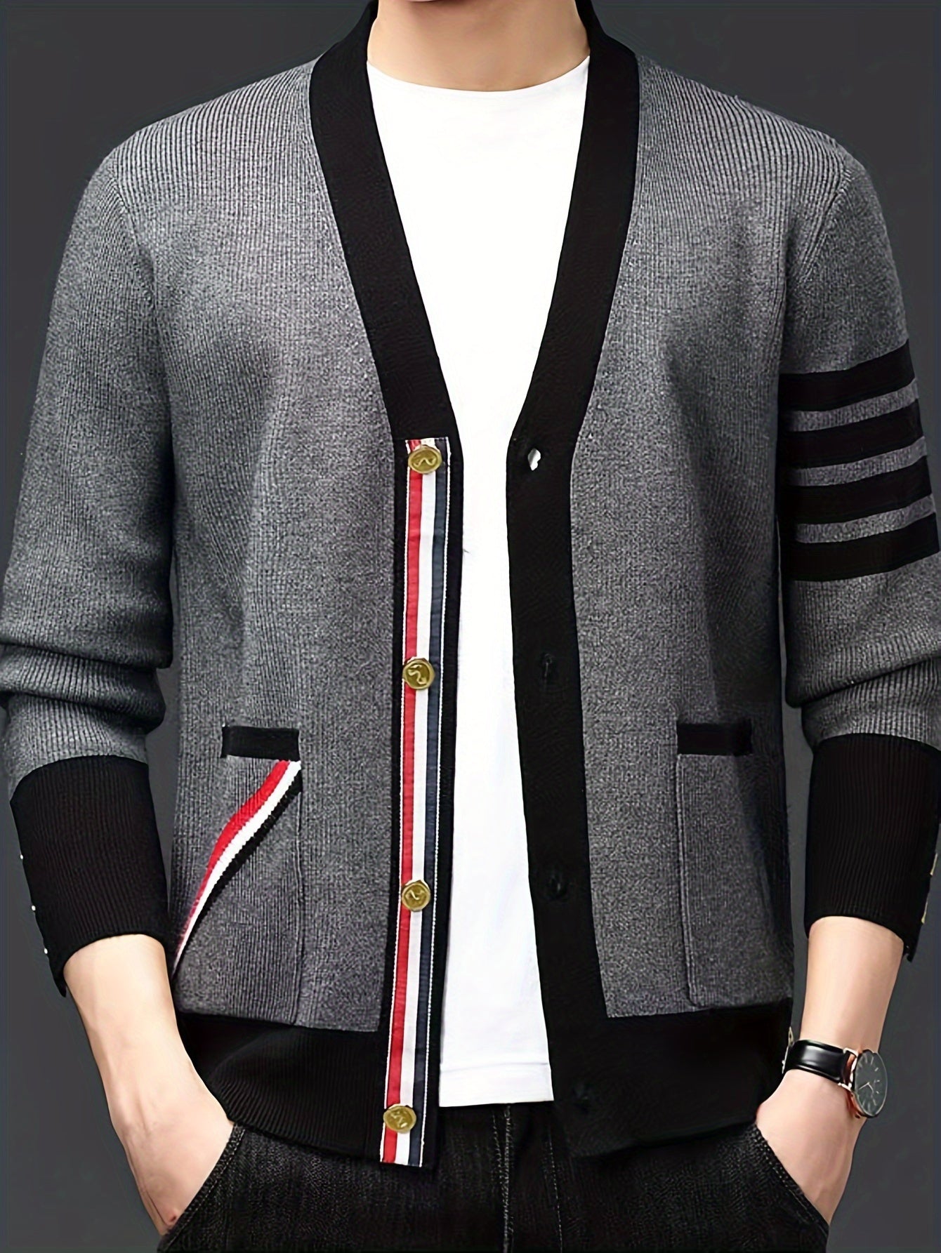 Men's New Stylish Cardigan Sweater. Autumn Patchwork Color, With A Sense Of High Class And Trendy. Loose Fit Knitted Jacket.