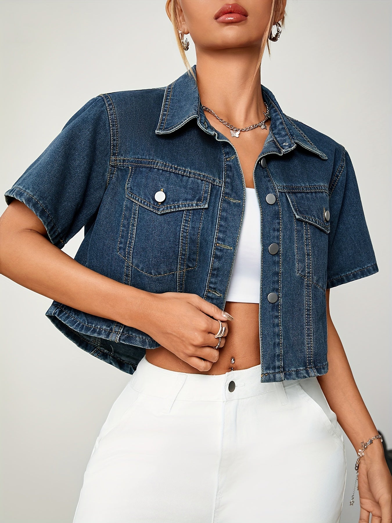 Chic Spring/Summer Women's Denim Jacket - Casual Short Sleeve, Button-Up, Non-Stretch Cotton Blend
