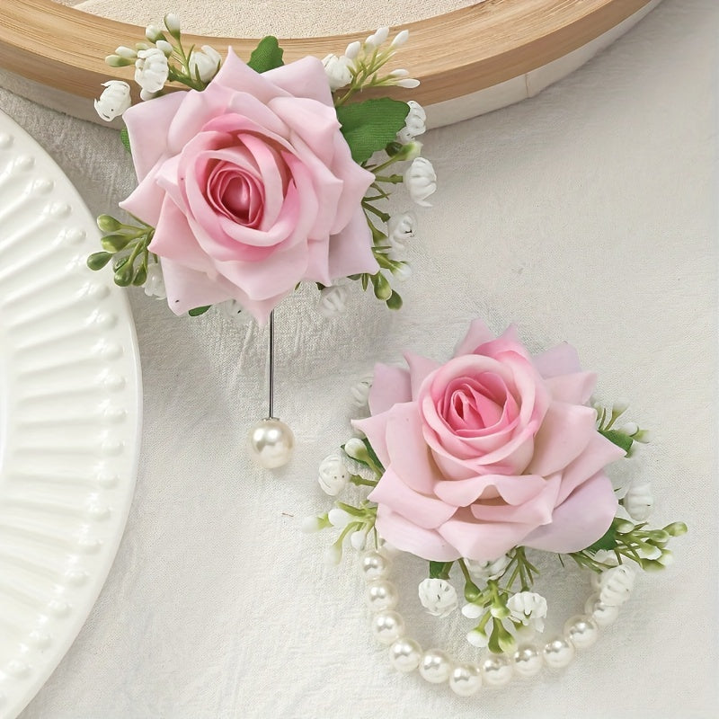 2pcs Elegant Rose Corsage and Wrist Flower Set in Polyester Fiber for School Events, Parties, Weddings Decorations