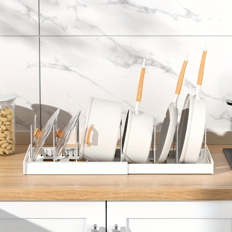 Pots And Pans Organizer, Adjustable Bakeware Organizer Pot Lid Holder Rack, Expandable Kitchen Organizer Rack Holder With Dividers - Under Cabinet Storage For Pots, Pans, Lids, Bakeware (White)