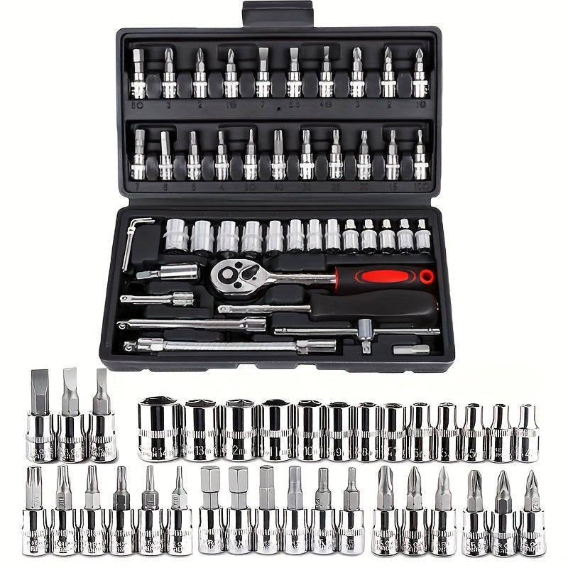 216/46pcs High Quality Multifunctional Heat Treated Chrome Vanadium Steel Ultimate Car Mechanic Tool Set, Premium Torque Wrench Set, Ultra Portable, Integrated Solution for Car, Bike And Motorcycle Maintenance