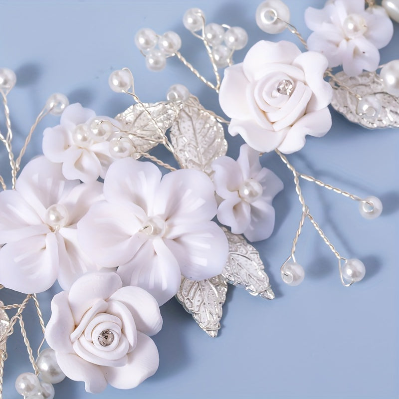 1Pc Flower Bride Wedding Hair Vine Pearl Bridal Hair Piece Leaf Hair Accessories Rhinestone Headband For Women And Girls