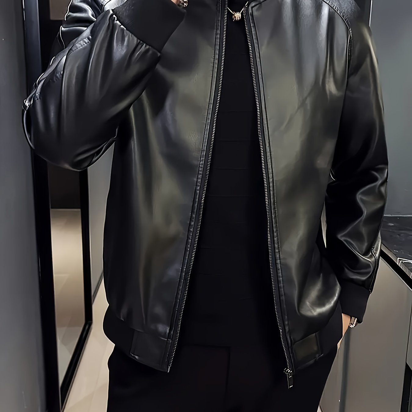 Men's Stylish Black PU Leather Jacket - Casual Baseball Collar, Zip-Up with Pockets, Loose Fit, Machine Washable, Perfect for Casual Attire