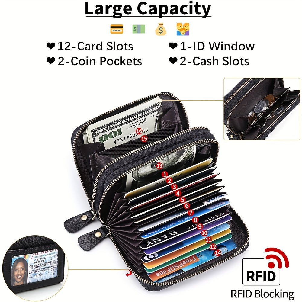 1pc Ciephia Women's RFID Blocking Wallet - Slim Top-Grain Cowhide Credit Card Holder with Zipper Closure, Multiple Card Slots & Coin Pocket, Compact Black Genuine Leather Purse for Women, Gift for Her, Sleek Women's Accessory