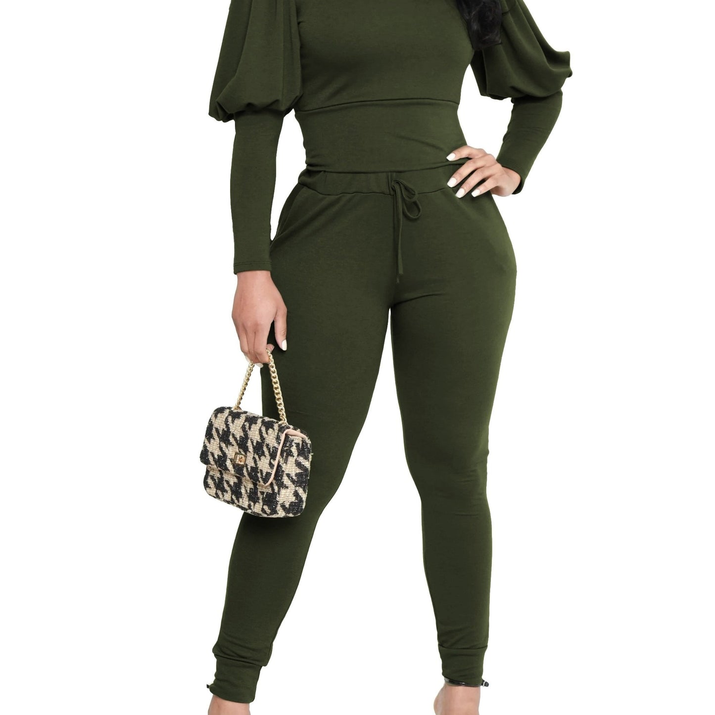 3370 Women's Two-Piece Set with Fluffy Sleeve Top and Jogging Pants, Fashionable Sporty Outfit