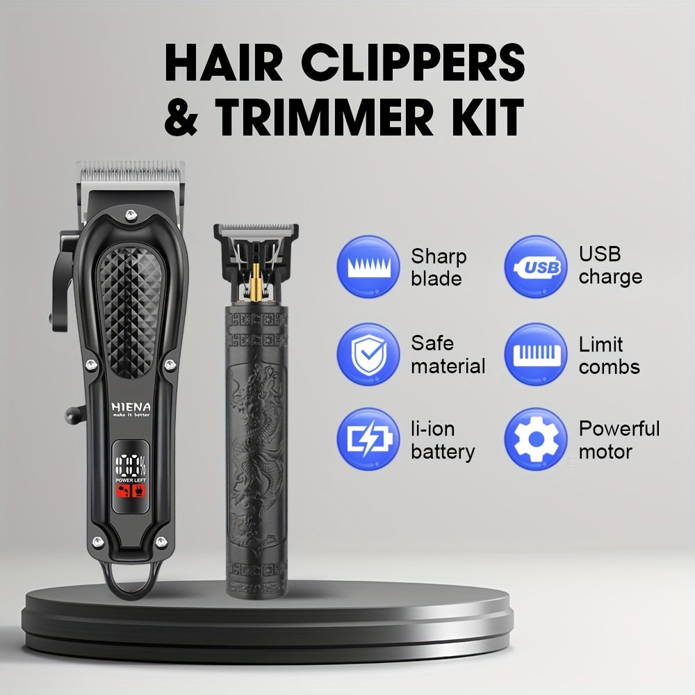 2pcs HIENA Professional Hair Clippers for Men, Cordless USB Rechargeable Lithium Battery, ABS Body, Digital Display, Carved Design, with 1200mAh Battery, for Ideal Gift for Father