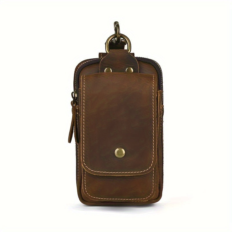 Men's Vintage Crazy Horse Leather Waist Pack, Casual Genuine Top Layer Cowhide Belt Pouch, Daily Commute Multi-Functional 7" Mobile Phone Holder with No Print