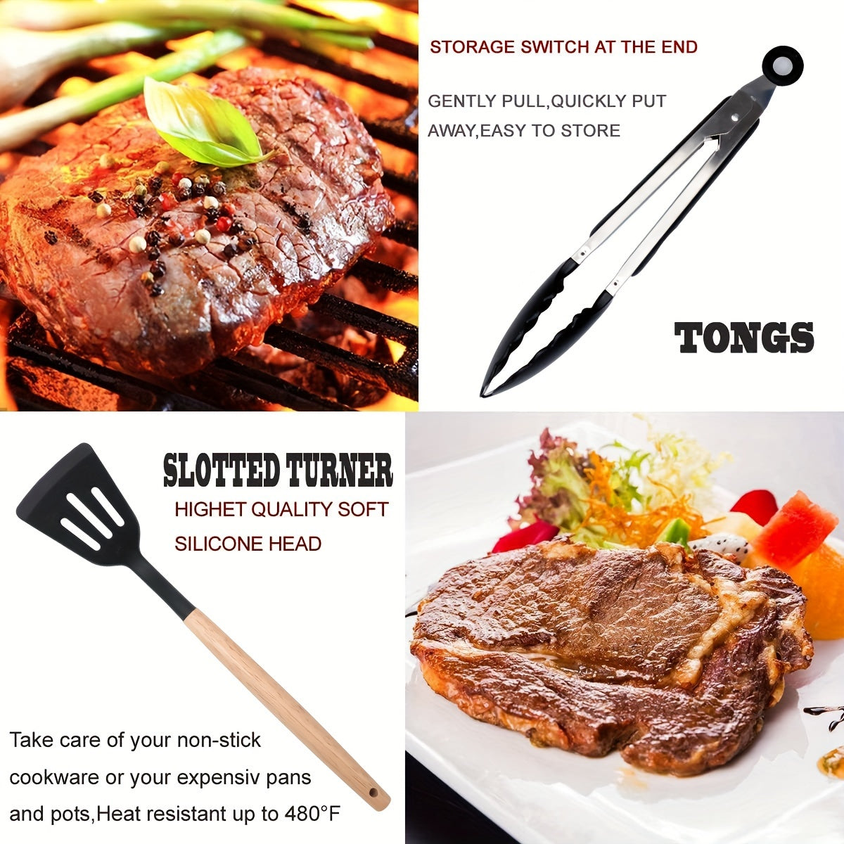 Kitchen Utensils Set- 46 pcs Cooking Utensils with Tongs, Spoon, Meat Chopper, Spatula & Opener Made of Heat-Resistant Food Grade Silicone and Wooden Handles Kitchen Gadgets Tools Set for Nonstick Cookware, With hooks