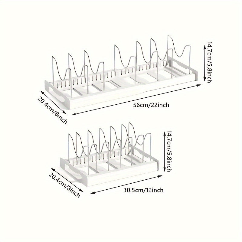 Pots And Pans Organizer, Adjustable Bakeware Organizer Pot Lid Holder Rack, Expandable Kitchen Organizer Rack Holder With Dividers - Under Cabinet Storage For Pots, Pans, Lids, Bakeware (White)
