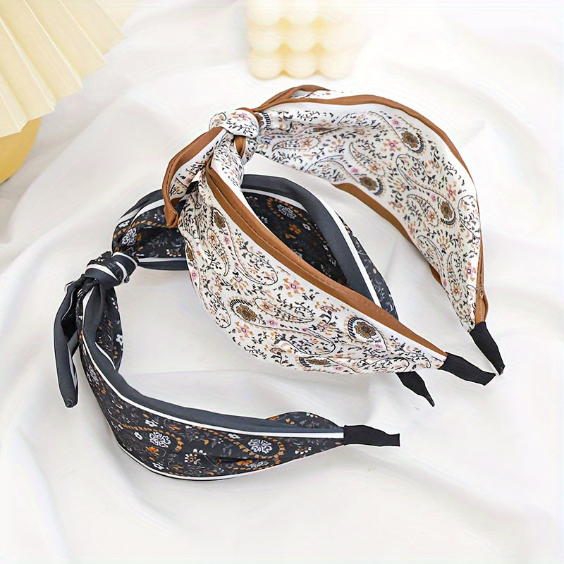2pcs Elegant & Boho Chic Knotted Headbands for Women - Floral & Paisley Designs with Rabbit Ear Accents, Comfortable Fabric Hair Accessories for Casual Attire
